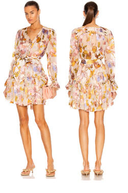 NWOT Zimmermann Tempo Floral Smocked Yoke Mini Dress Rainbow Peonies 0 / S